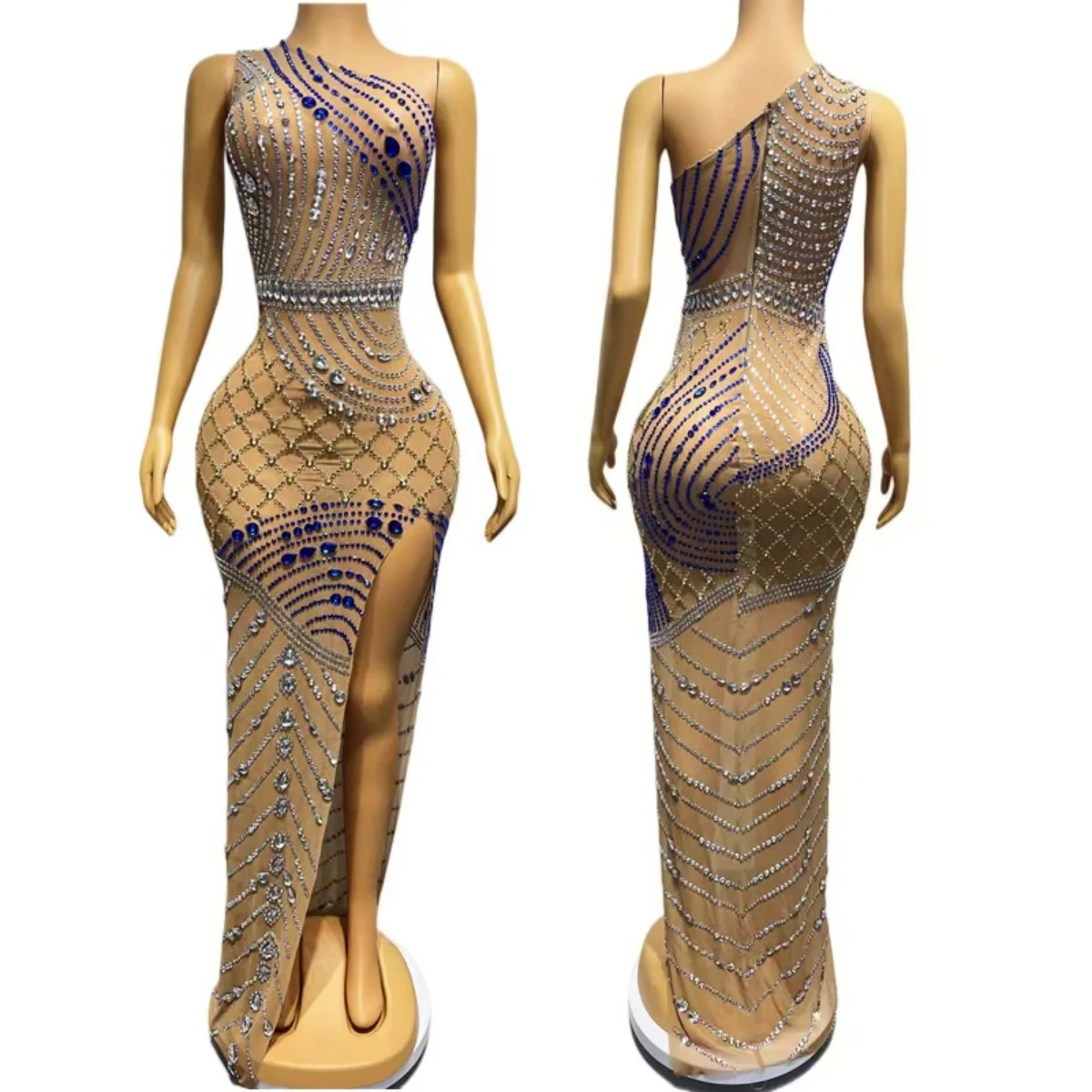 

Women Sexy Couture Inclined Shoulder Evening Gown Birthday Prom Outfit Sparkly Rhinestone High Side Slits Mesh Long Dress Xuanwo