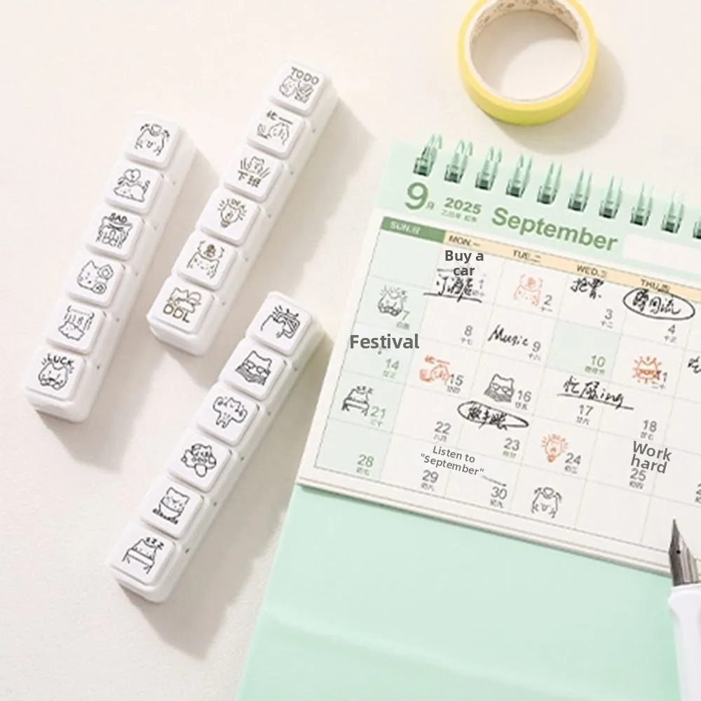 Cute Good Mood Series Cat Shape Stamp Mini DIY Cartoon Pattern Stamps 6 Lines Simple Diary Stamp Notebook Scrapbooking Decor