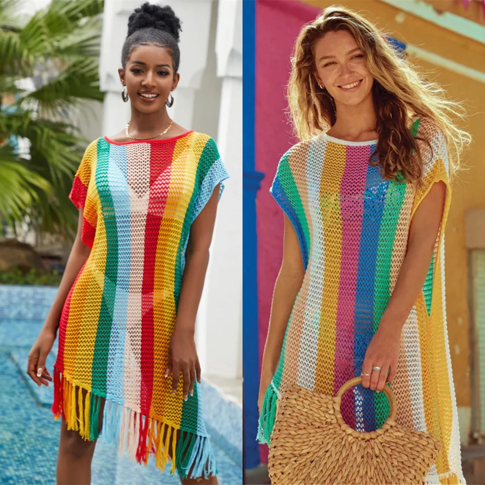 Rainbow Stripe Tassel Casual Short Sleeve Knitting Bikini Cover-ups For Women 2023 Summer Beach Wear Swim Suit Cover Up