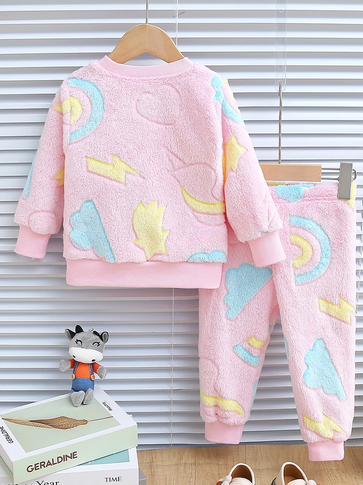 2pcs baby girl autumn and winter night light rainbow love cloud pattern plush thick long sleeved top and pants Chid Accessories