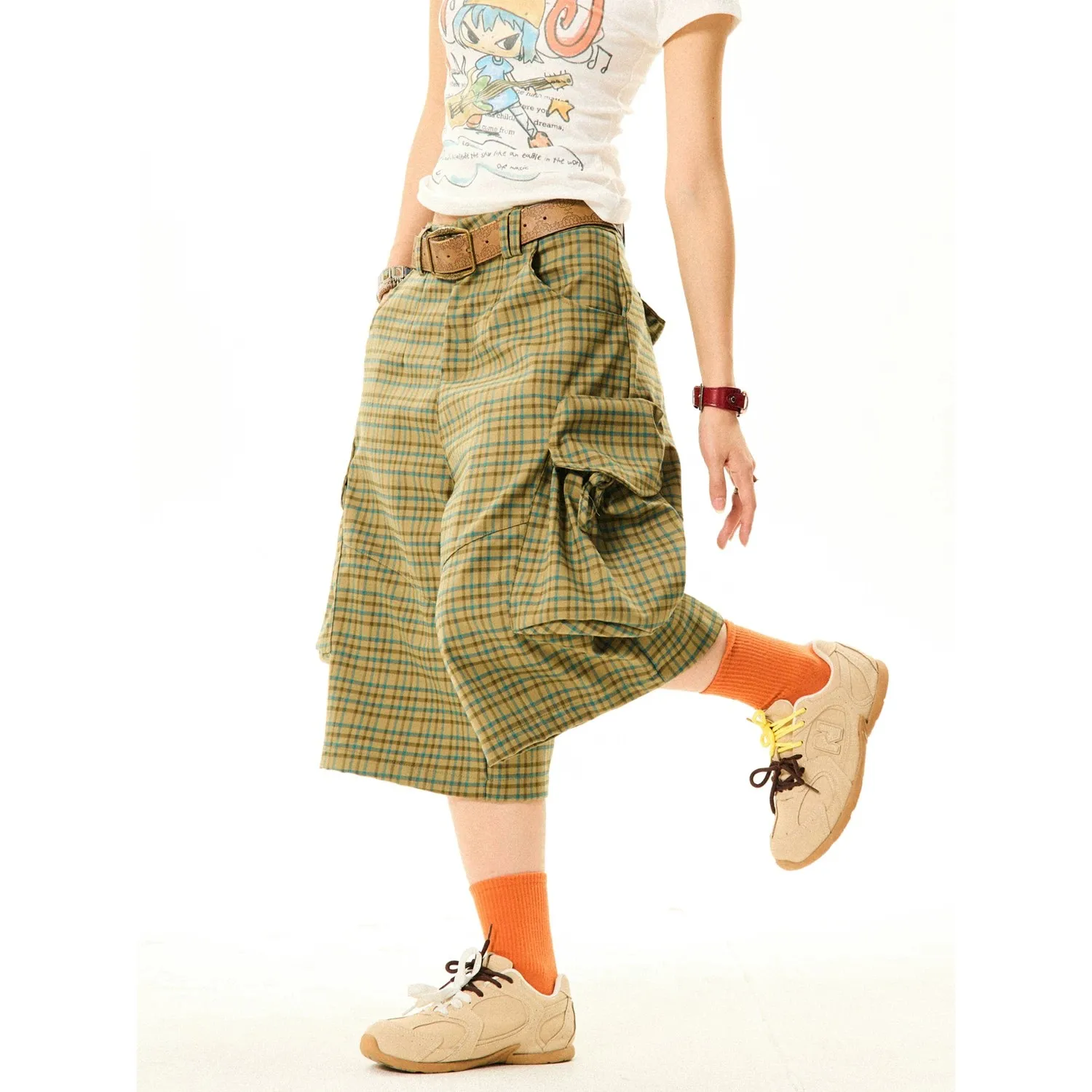 American Style Plaid Workwear Wide Leg Seven-Foot Pants Women Casual Versatile Shorts Pocket Detail Loose Fit Summer Shorts