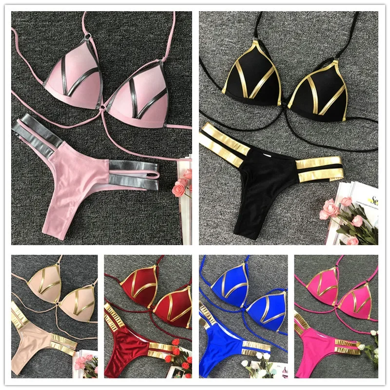 Sexy stringi stringi Bikini Set różowe kobiety Push Up stroje kąpielowe Biquini stanik 2 sztuk strój kąpielowy usztywniany biustonosz kobiet strój