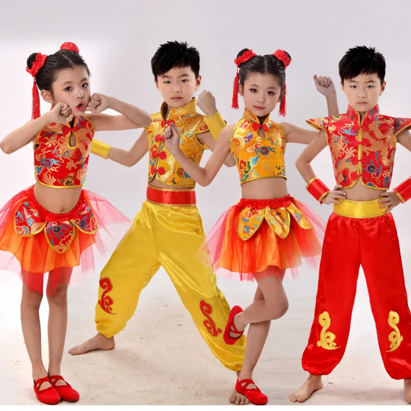 Costumes de danse folklorique Dragon Yangko pour enfants, Hanfu moderne pour filles et garçons, Costume de danse traditionnelle chinoise Lion Wushu Kung Fu