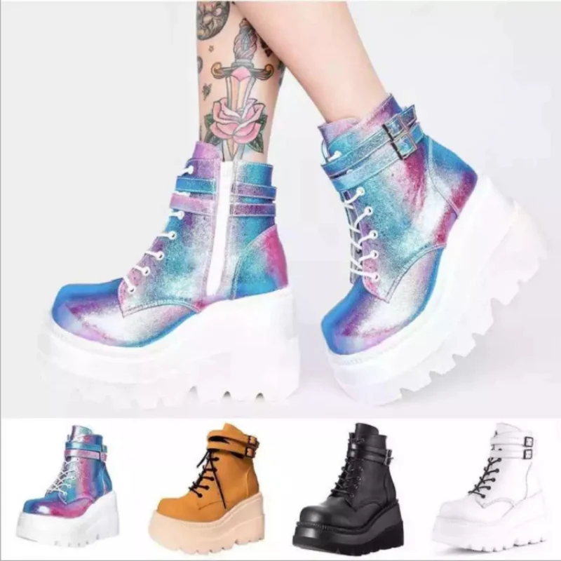 2023 nueva primavera otoño moda plataforma botas De cuña tobillo mujeres estilo Punk punta redonda botas De Mujer atadas cruzadas Botines De Muj