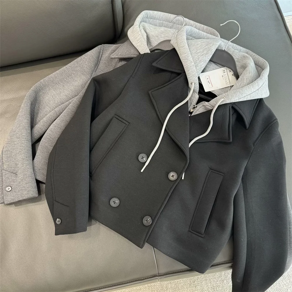 UNIZARA kadın kısa yaka çift sıralı toka dekorasyon sonbahar ve kış yeni çok yönlü kapüşonlu takım elbise ceketi