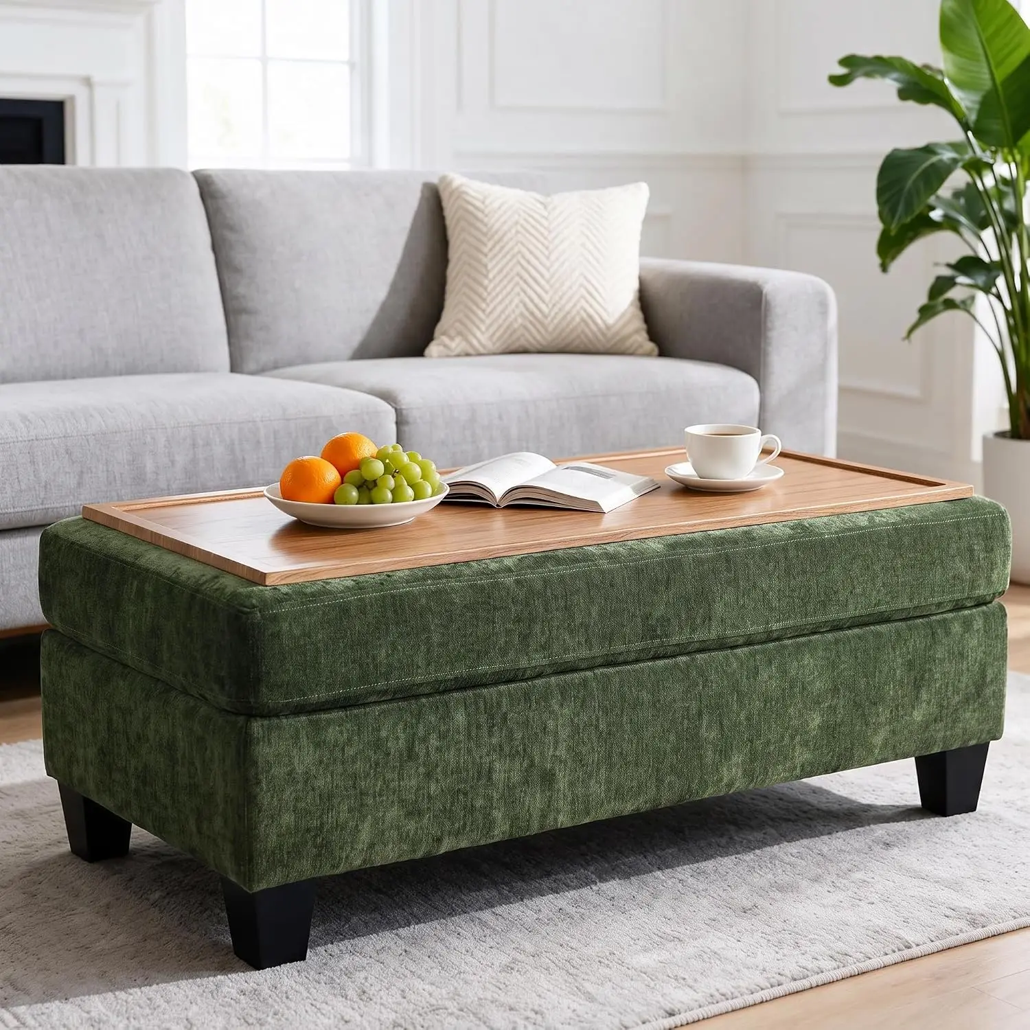 Chenille Storage Ottoman with Reversible Tray, Upholstered Bench, Solid Wood Legs, Bedroom Entryway Footrest, Green, Customized