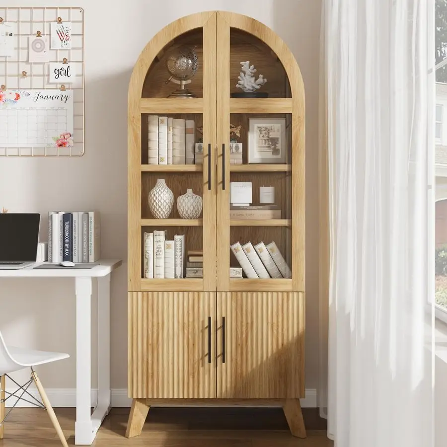 

Современный рифленый витринный шкаф со стеклянной дверцей, арочный шкаф-витрина с регулируемой полкой, книжный шкаф для коллекционных книг, для хранения