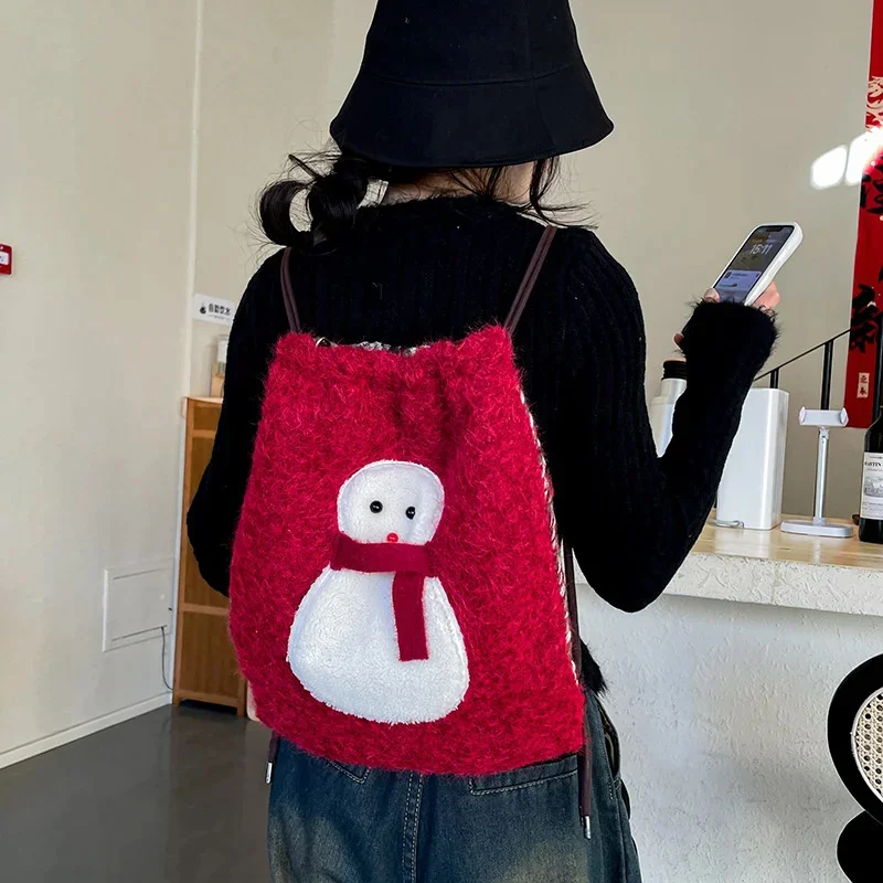 Mirenbu Charming Cloth Winter Snowman Drawstring Bag Double sided Shoulder Crossbody Dual purpose Bag Plush Christmas