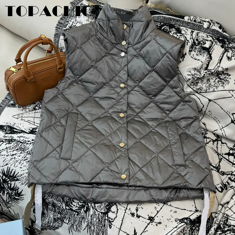 9.4 TOPACHIC Women\'s Quilted Argyle Plaid Goose Down Vest Solid Color Stand Collar Hem Lace-up All-matches Down Vest Outerwear