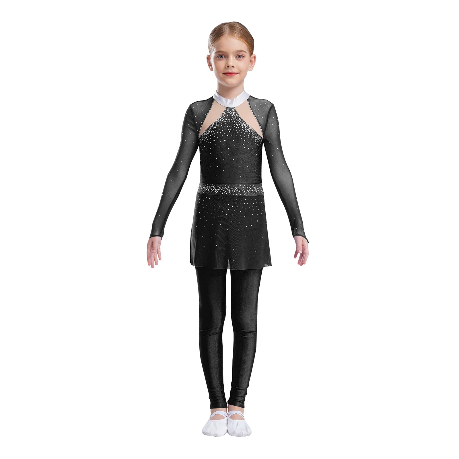 

Kids Girls Skirted Jumpsuit Unitards Dress for Long Sleeve Mesh Rhinestones Figure Skating Ballet Lyrical Modern Dance Bodysuit