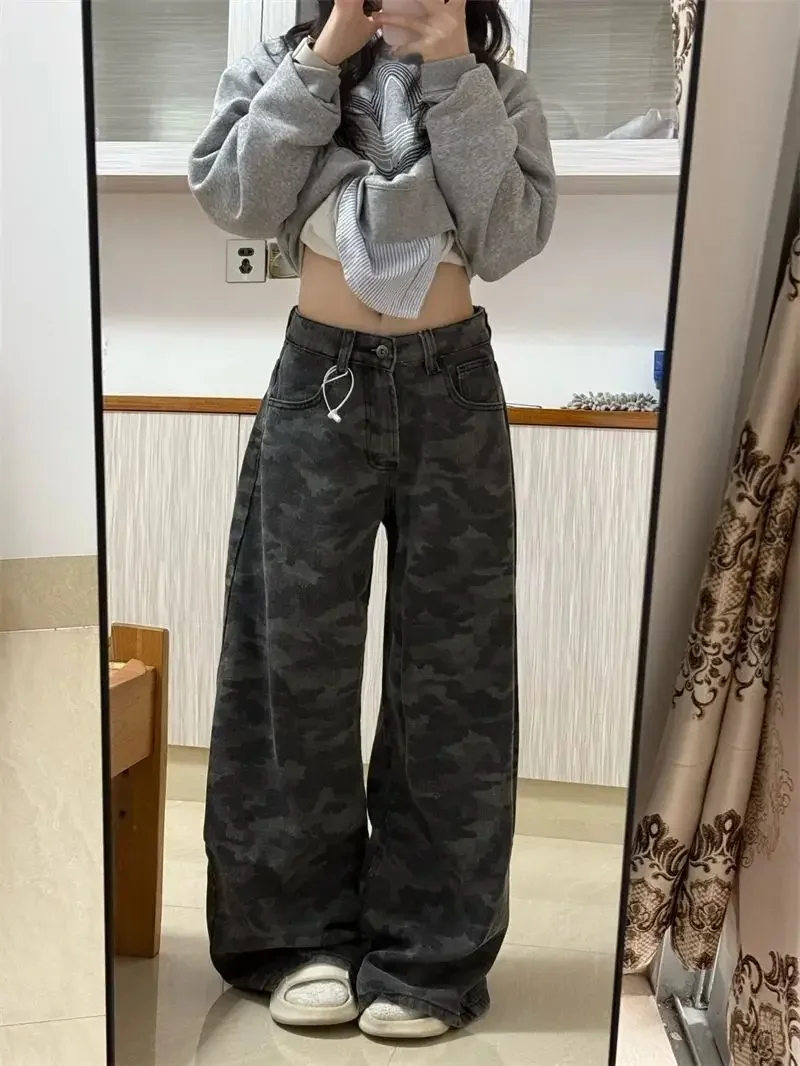 

Y2k Jeans Women Jeans Retro Camouflage Cargo Wide Leg Trousers Winter Loose Fit High Street Floor Length Pants for Female