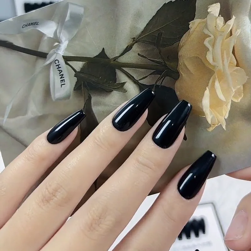 10Pcs Black Handmade Flase Nails Press On Reusable DIY Manicure Fake Nail Dark Full Cover Medium Length Coffin Press On Square