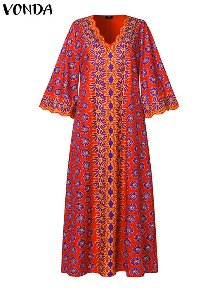 Plus Size 5xl Vonda Bohemian Lange Maxi Jurk Zomer Print Feestjurk Vrouwen Vintage Zonnejurk V Hals 3/4 Mouw Casual Vestidos