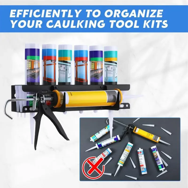 Wall-Mounted Caulking Gun Organizer - Metal Rack Holds 6 Tubes, Workshop Garage Home Storage for Sealant & Applicators
