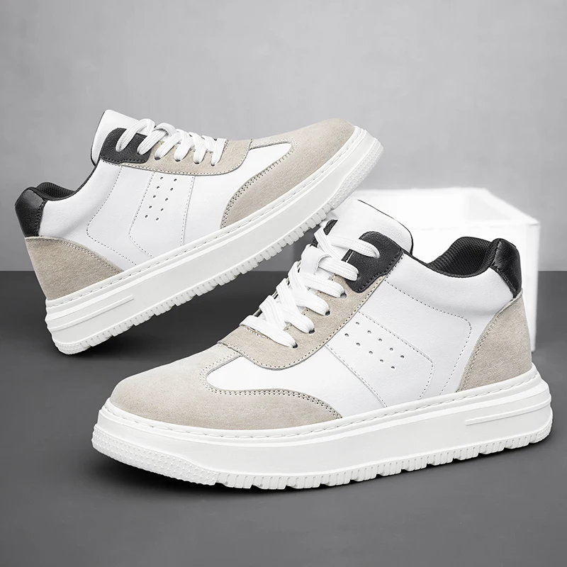 Men's 6-10CM Height Increasing Sneakers Black Mid-top Casual Leather Non-slip Comfortable Daily Work Shoes