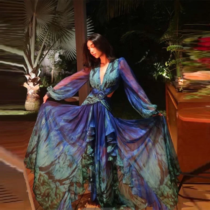 Frauen Trend Romantische Maxi Kleider Lange Ärmeln Tiefem V-kleid Rock Tie-dye Ausschnitt Sheer Chic Kleider Party musik Festival Roben