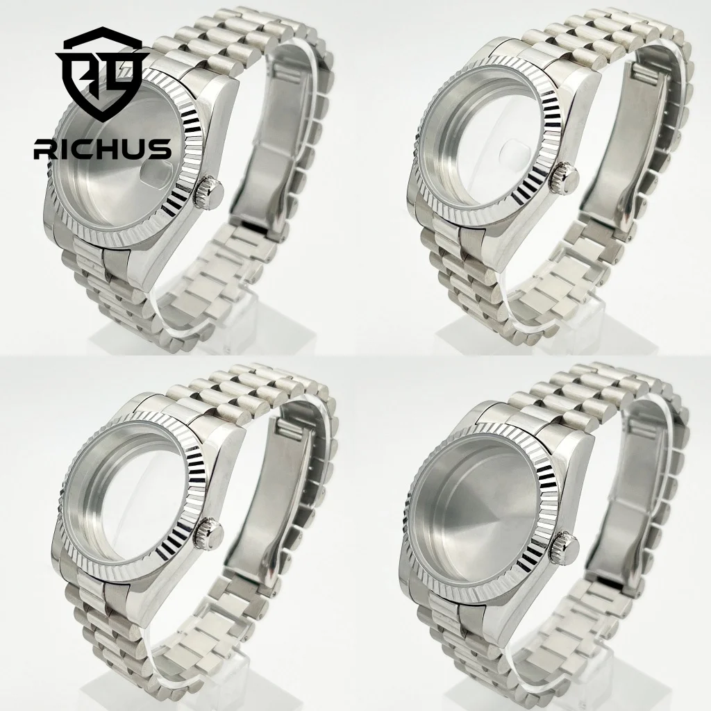 RICHUS 36/39mm 실버 시계 케이스 사파이어 글라스 핏 NH34 NH35 NH36 ETA2824 PT5000 Miyota8215-DG 무브먼트