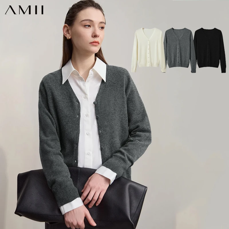 

Amii Minimalist Cardigan for Women 2025 Autumn New V-neck Wool Cardigans Woman Casual Long Sleeves Loose Knittied Coats 12544028