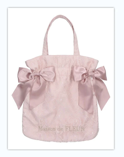 Borsa a tracolla portatile con coulisse in pizzo stile giapponese con coulisse e doppio fiocco per borse da donna per ragazze dolci