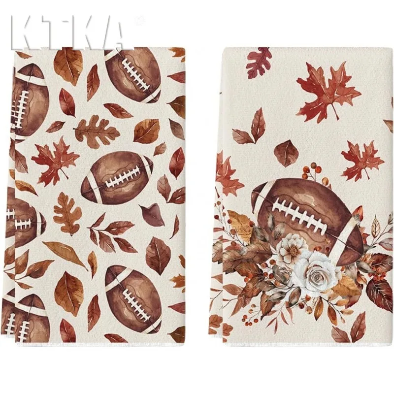 2Pcs Autumn Football Maple Leaf Kitchen Towels, Reusable and Washable Household Cleaning Cloths, Thanksgiving Table Decoration Tableware Napkins, Thanksgiving Harvest Gifts