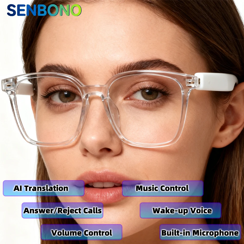 SENBONO AI Translation Smart Glasses Answer/Reject Call Music Control Wake-up Voice Blue Light Blocking Glasses for Men Women