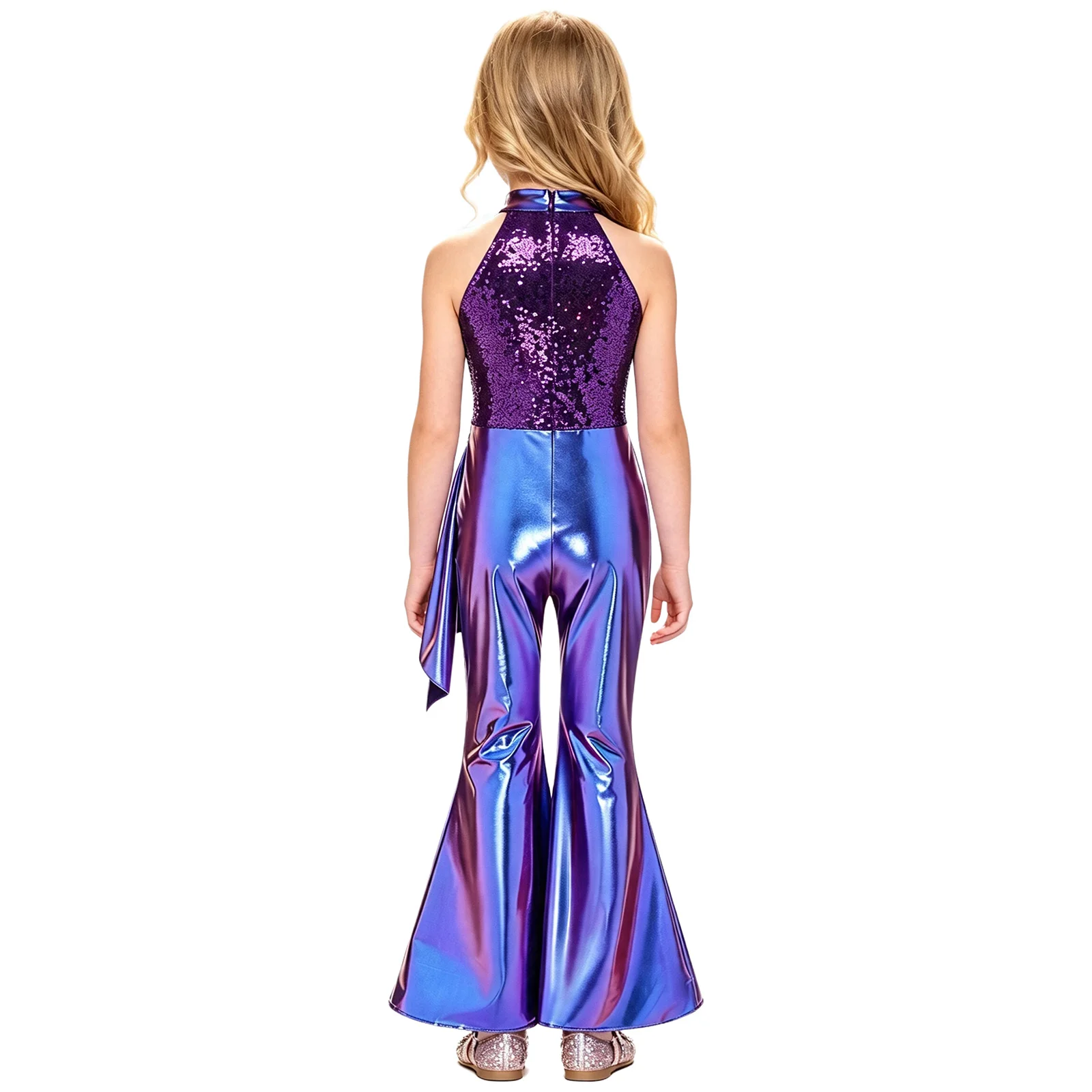Kids Girls Metallic Flared Pants Rompers Asymmetrical Unitards Jumpsuit Sequined Bodice Ruched Layer Disco Jazz Stage Costume view 2