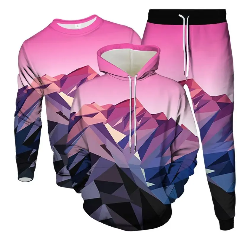 Male Large Size 6XL Tracksuit Hoodies Sweatshirt Pants 3Pcs Set Night Galaxy Mountain Tree Bird Lightning Print Men Clothes Suit