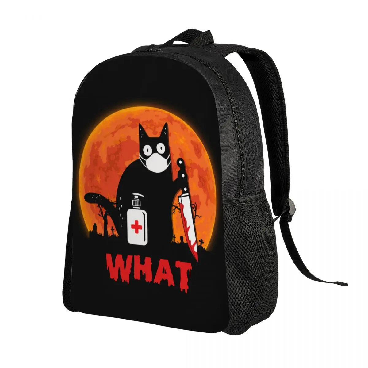 Custom Cat What Backpacks Women Men Fashion Bookbag for College School Funny Murderous Black Cat With Knife Halloween Bags