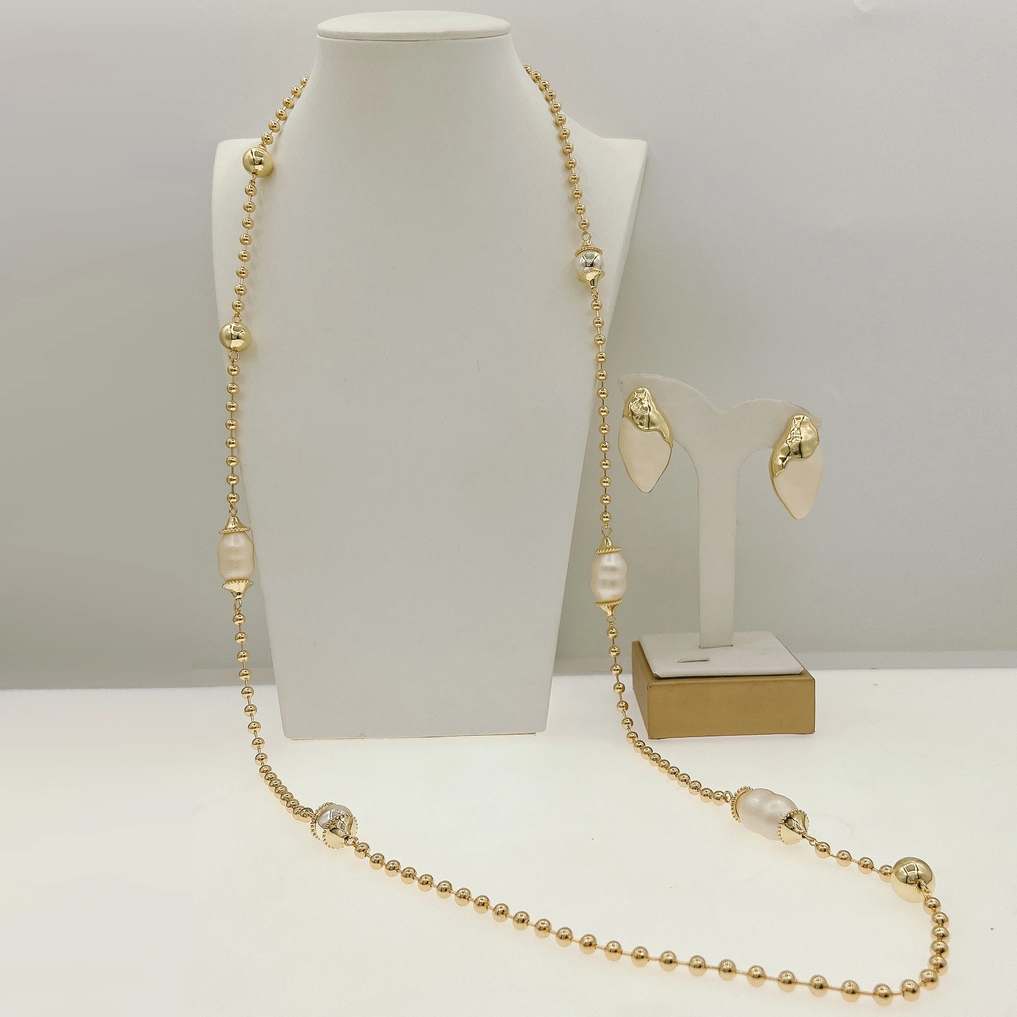 

Stunning artificial pearls on beads long chain pedant Jewelry set charm Collar Brazalete Aretes Anillo 2pc jewels for party gift