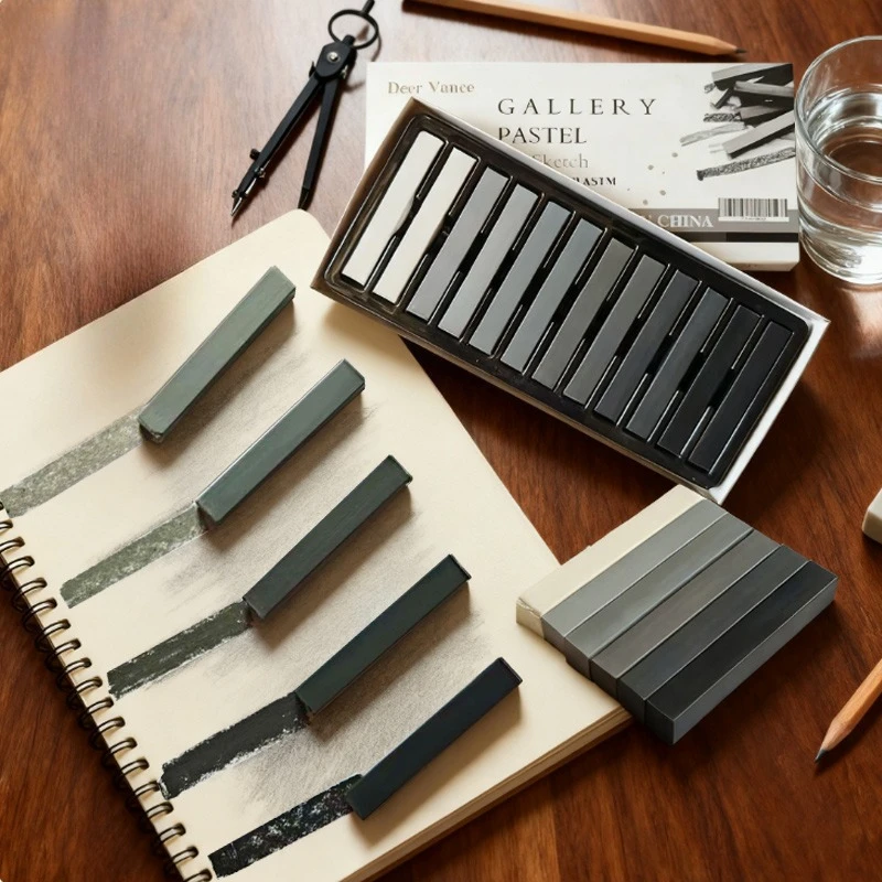 12-color Gray System Color Powder Stick Chalk Strong Coverage Stackable Colors for Sketch Painting Creation Illustration Design