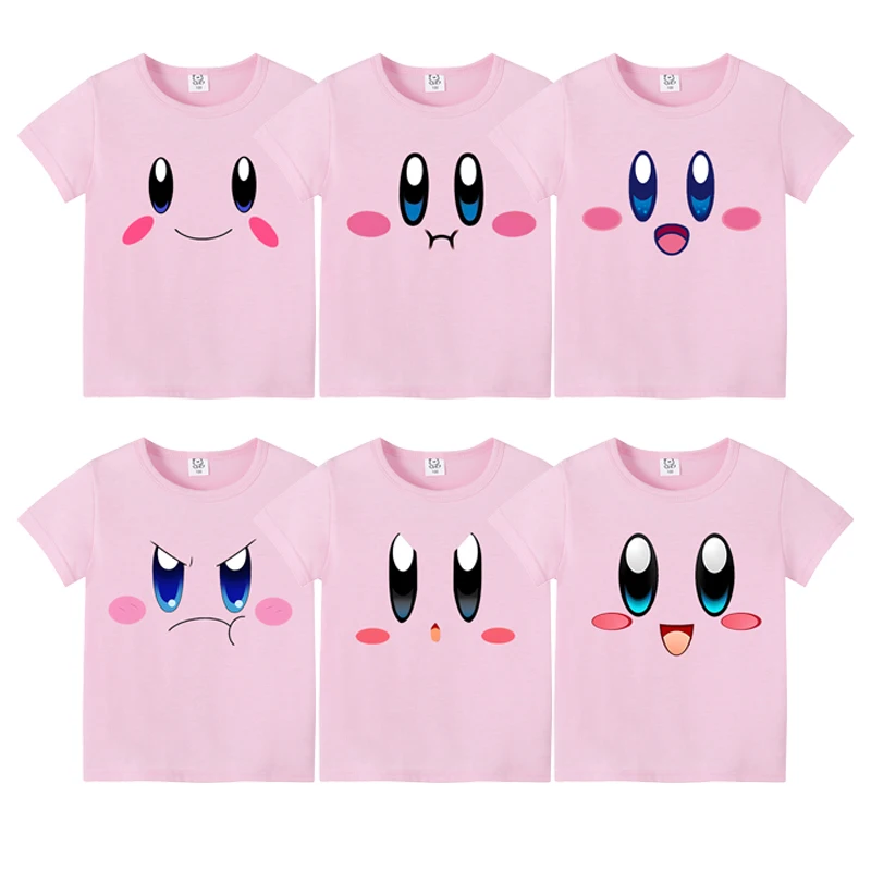 Kirby Children T Shirt Short Sleeves Summer Cotton Sweat Absorption Pink Clothes Cartoon Anime Fashion Kids Birthday Cute Gifts