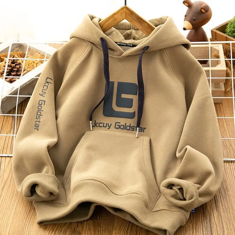 3-14 Years Winter Boys Hoodies Letter Print Teenger Lining Plush Thick Warm Casual Pullover For Kids Handsome Sweatshirt
