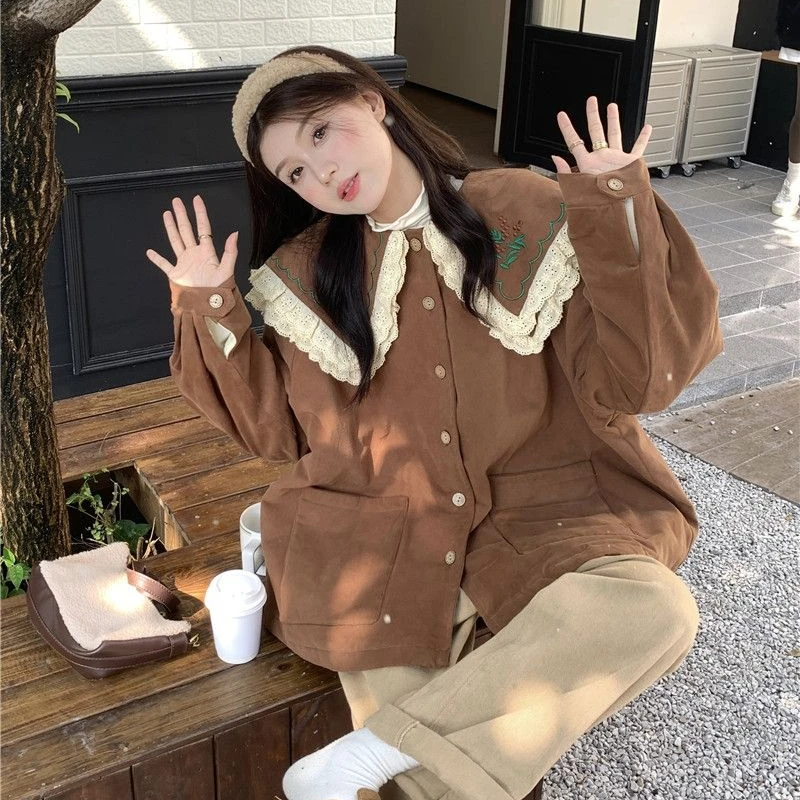 2023 New Women Long Sleeve Loose Large Size Outwear Lace Embroidery Top Mid Length Version Parkas Fashion Comfortable Outcoat