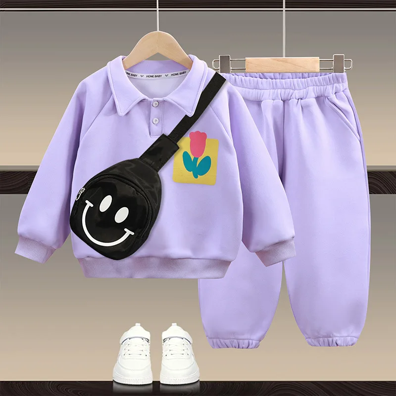 

Autumn Children's Polo Shirt Set New Girl's Long Sleeved Casual Sports Set Kid Sweater+Pants+Bag 3 Piece