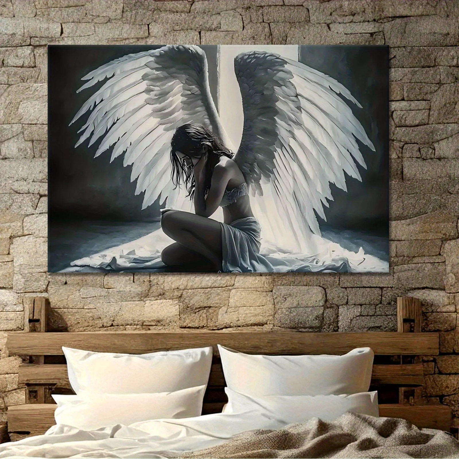 شخصية Serene Angel-Mysterious المجنحة باللون الأحادي اللون - فن قماش عالي الجودة لديكور المنزل، فكرة هدية فريدة من نوعها #2