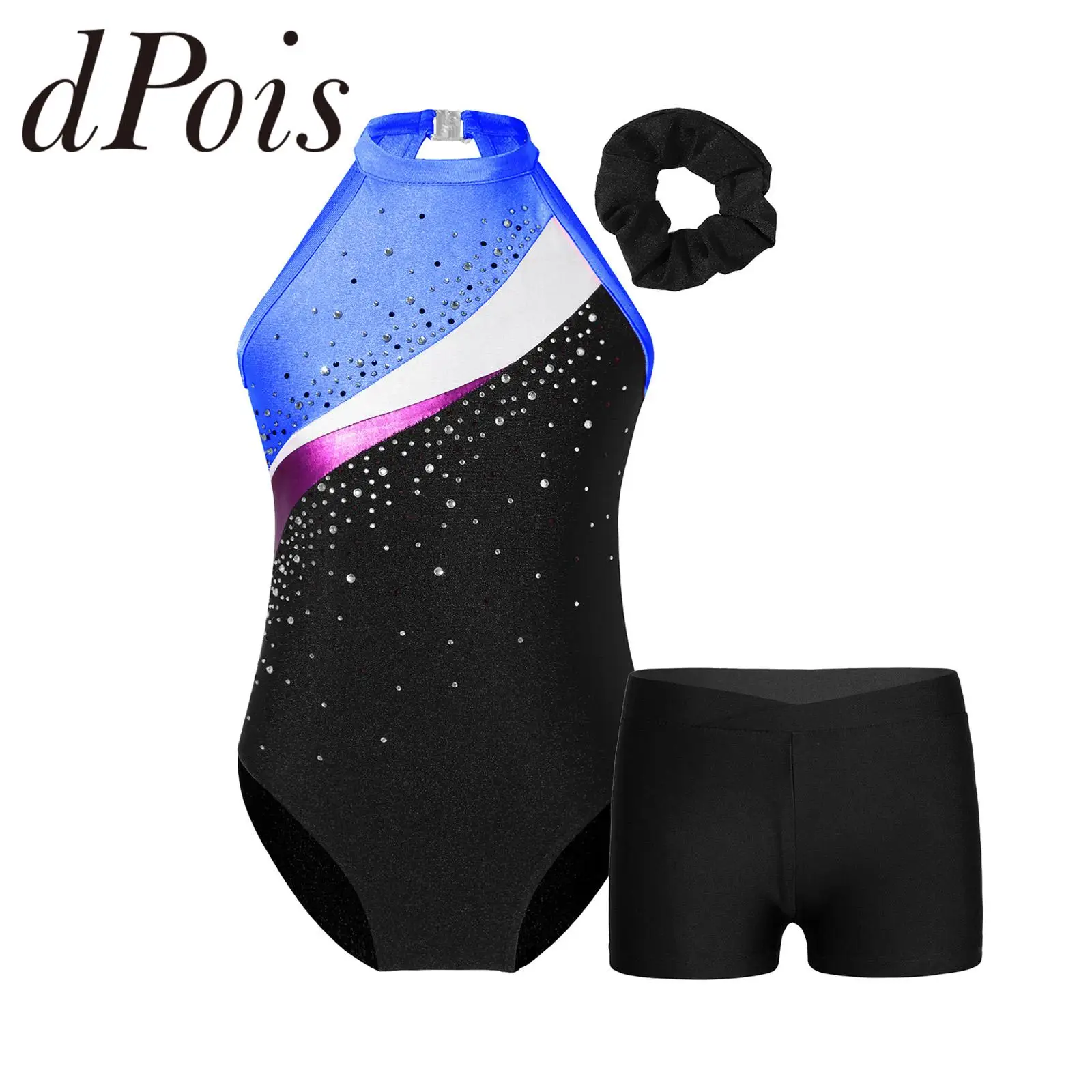 Gymnastics Jumpsuit Kids Girls Sleeveless Shiny Rhinestone Dance Leotards Bodysuit Dancewear Sets Children Ballet Dance Outfit