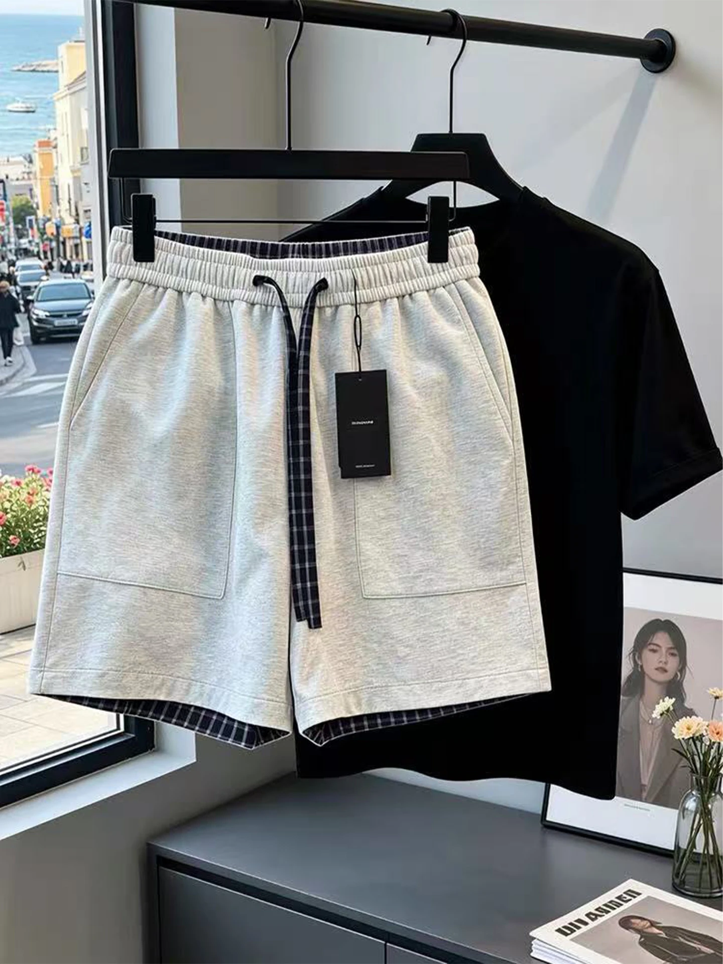 

Gray And White Floral Basketball Shorts Men's Casual Splicing Summer Sporty -length High Waist Four-fifths Length Pants