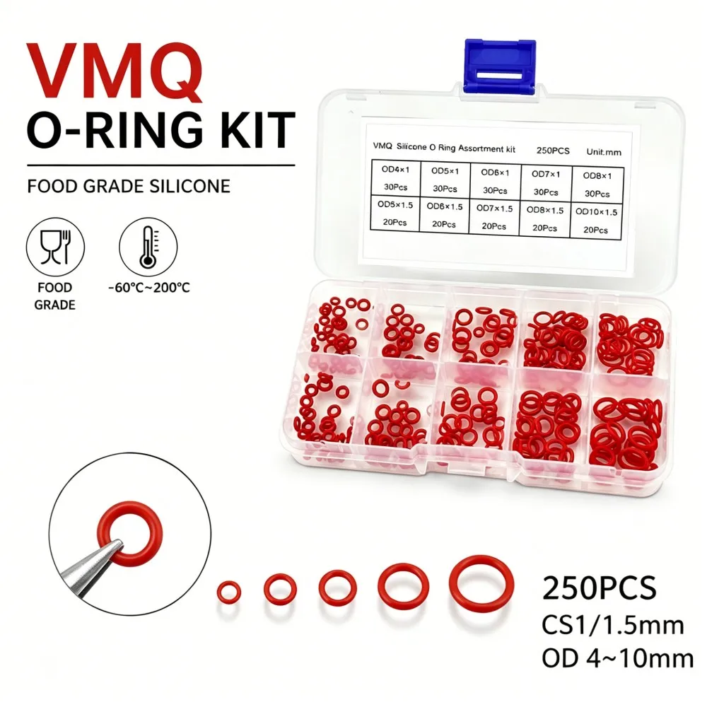 250Pcs Red VMQ Silicone Sealing O Rings Kit OD4-10mm Food Grade Non-Toxic Heat Resistant Waterproof Tight Sealing Gaskets