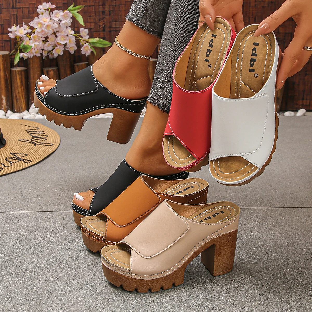 

Women Sandals Open-Toe High-Heel Slippers Summer Fashion Outdoor Wear Sandals Slip-On Big Size Shoes Women Zapatos De Mujer