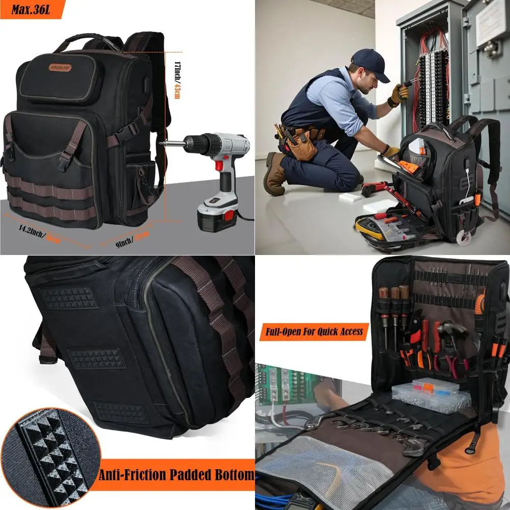 

Durable Full-Open Electrician Backpack, Waterproof Canvas Tool Bag for HVAC & Mechanics