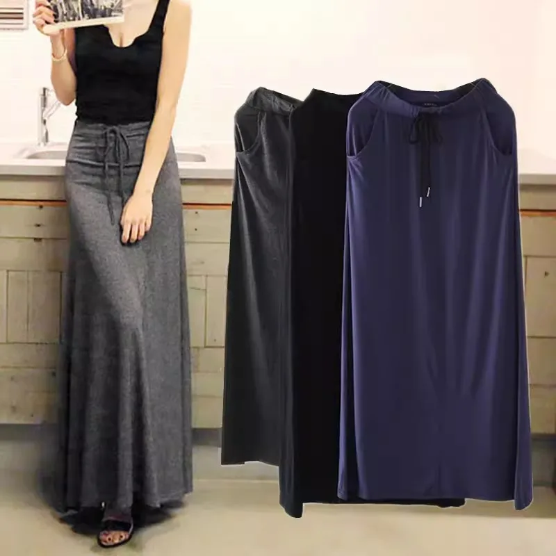 

Women Tie Bow A Line Long Skirts New Spring Summer Elastic High Waist Pocket Modal Skirt Ladies Casual Big Swing Maxi Skirt Saia