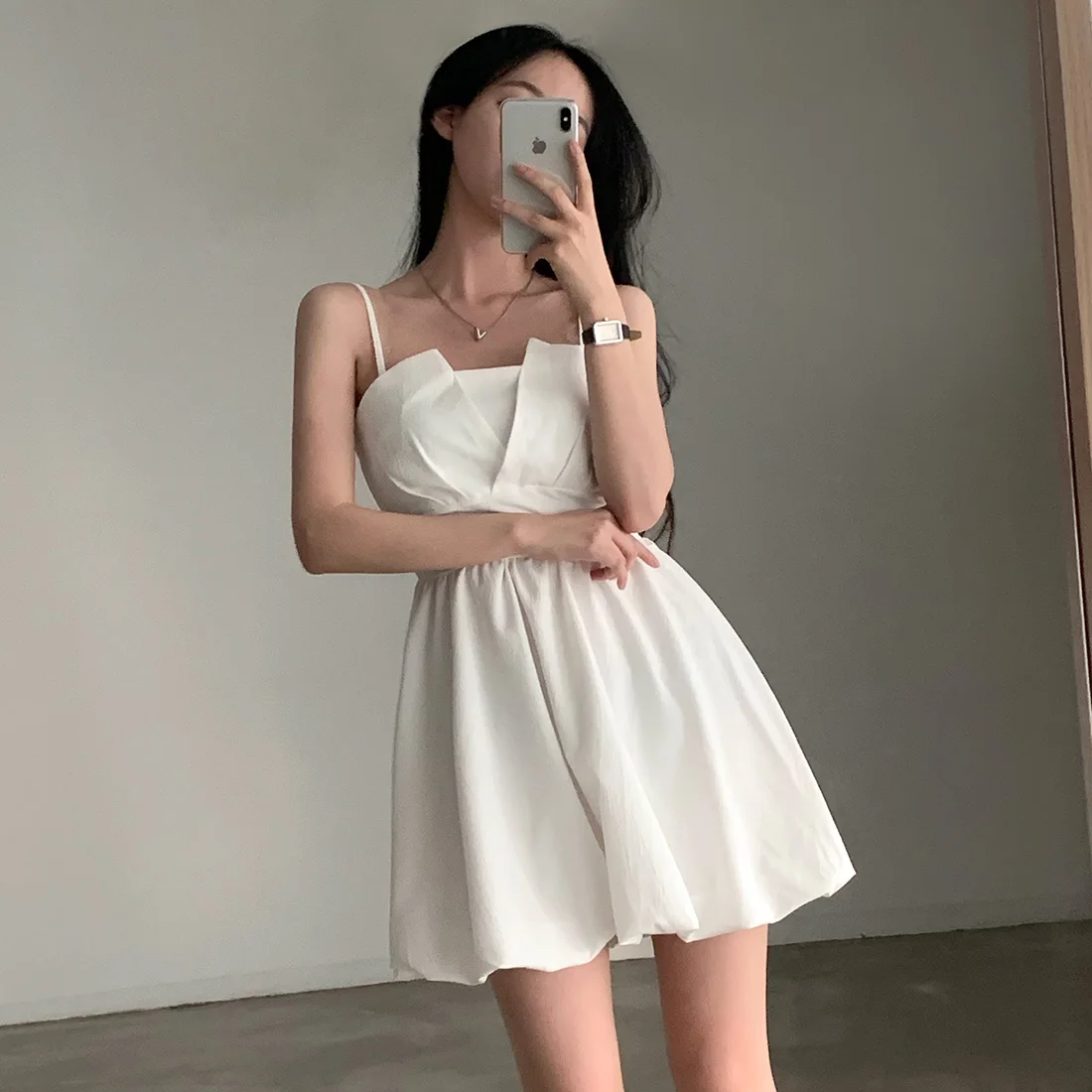 Women's Dress 2024 Office Lady French Korea Style Belt Solid Sleeveless Spaghetti Strap High Waist Folds Dresses