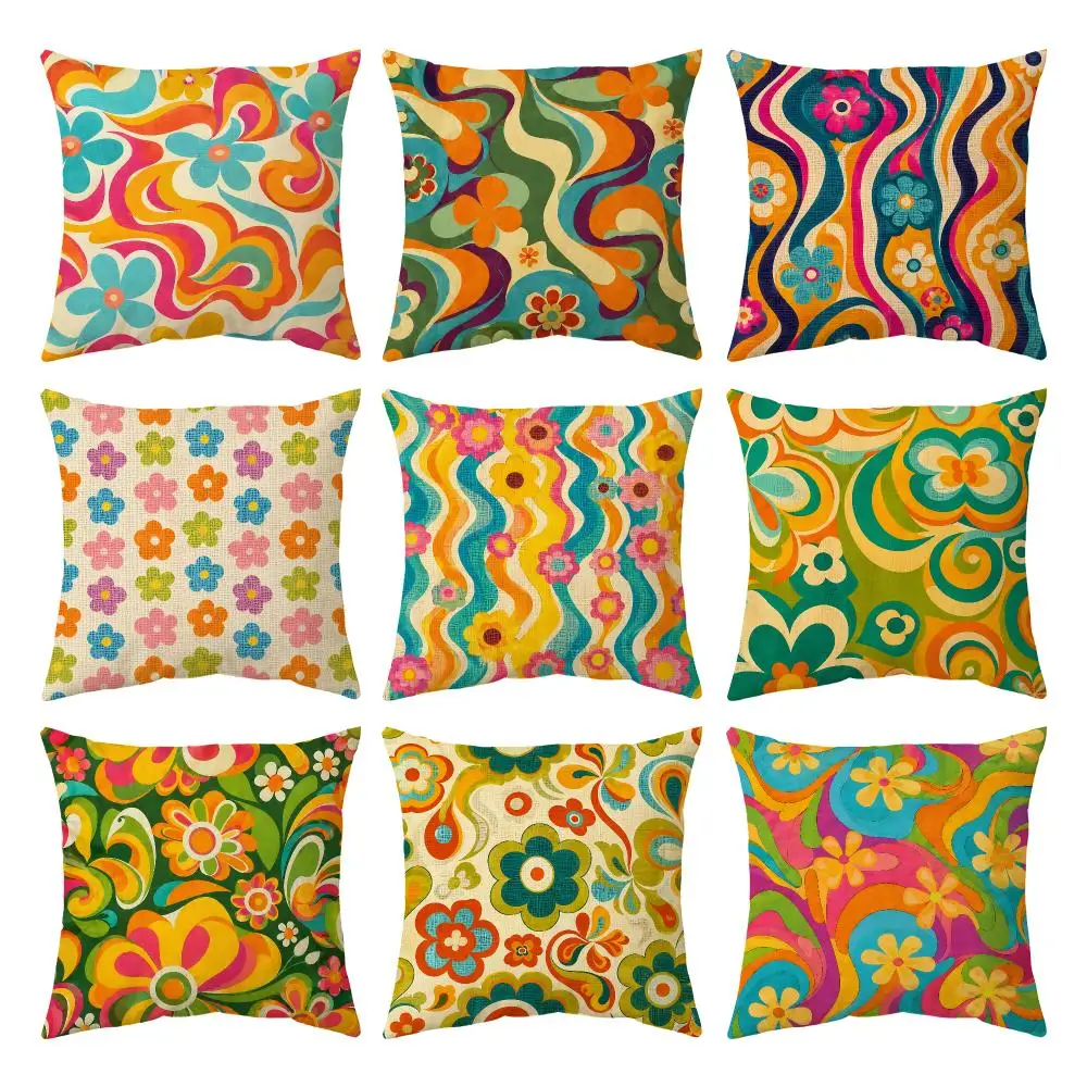 Groovy Retro Flowers Cushion Cover Breathable Cool Natural Durable Linen Printed Pillow Case Decor Sofa Bedroom