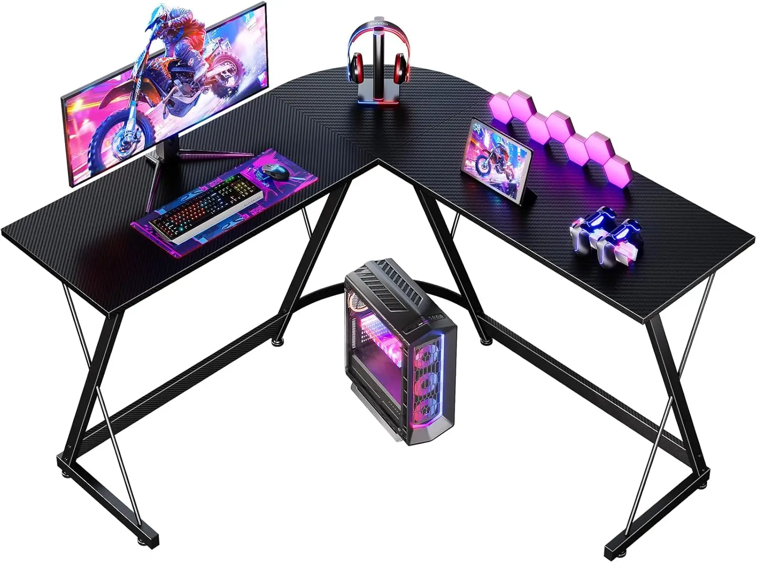 Coleshome L Shaped Gaming Desk, 120×120 cm Corner Computer Desk for Gaming, Home, Office, Carbon Fibre Black