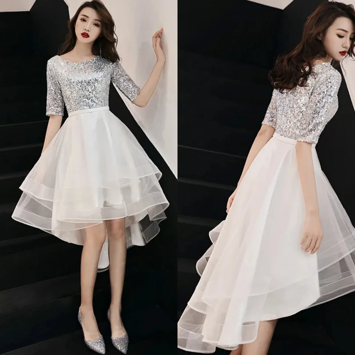 Prom Dresses Silver Sequins Short Sleeves O-Neck High Low Tea-length Tiered  Plus Size Vestidos De Gala Women Party Formal Gowns