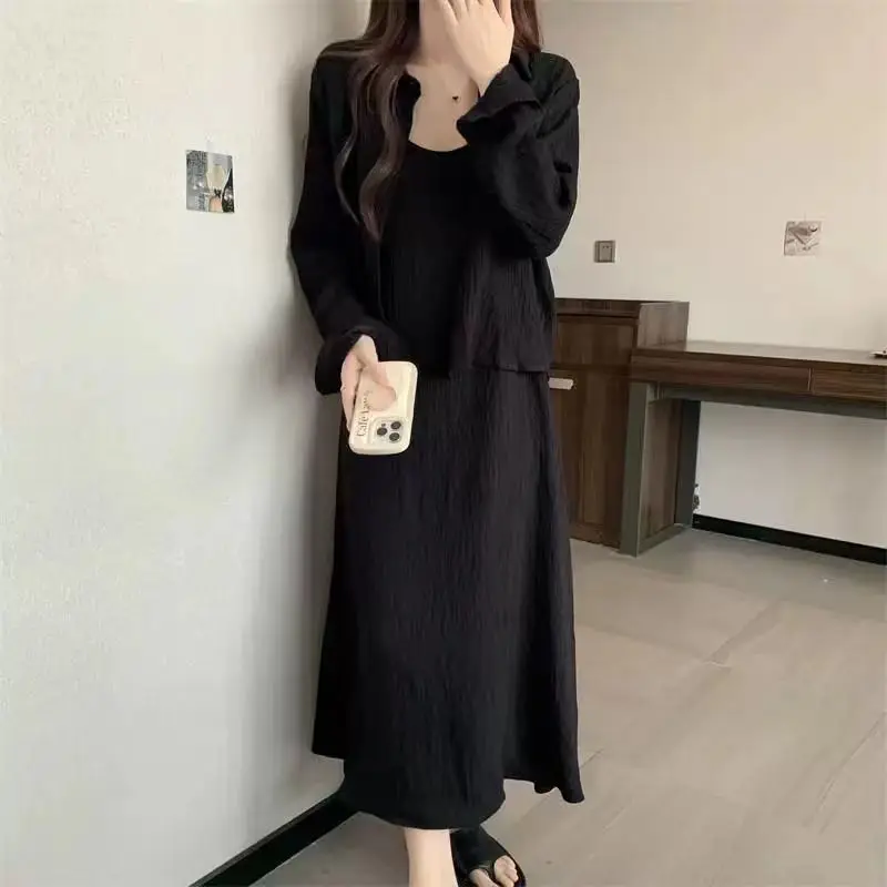 Summer High Street Black Mid Length Dress Korean Fashion Solid Vintage Backless Sexy Elegant Sleeveless All-match Slip Dress New