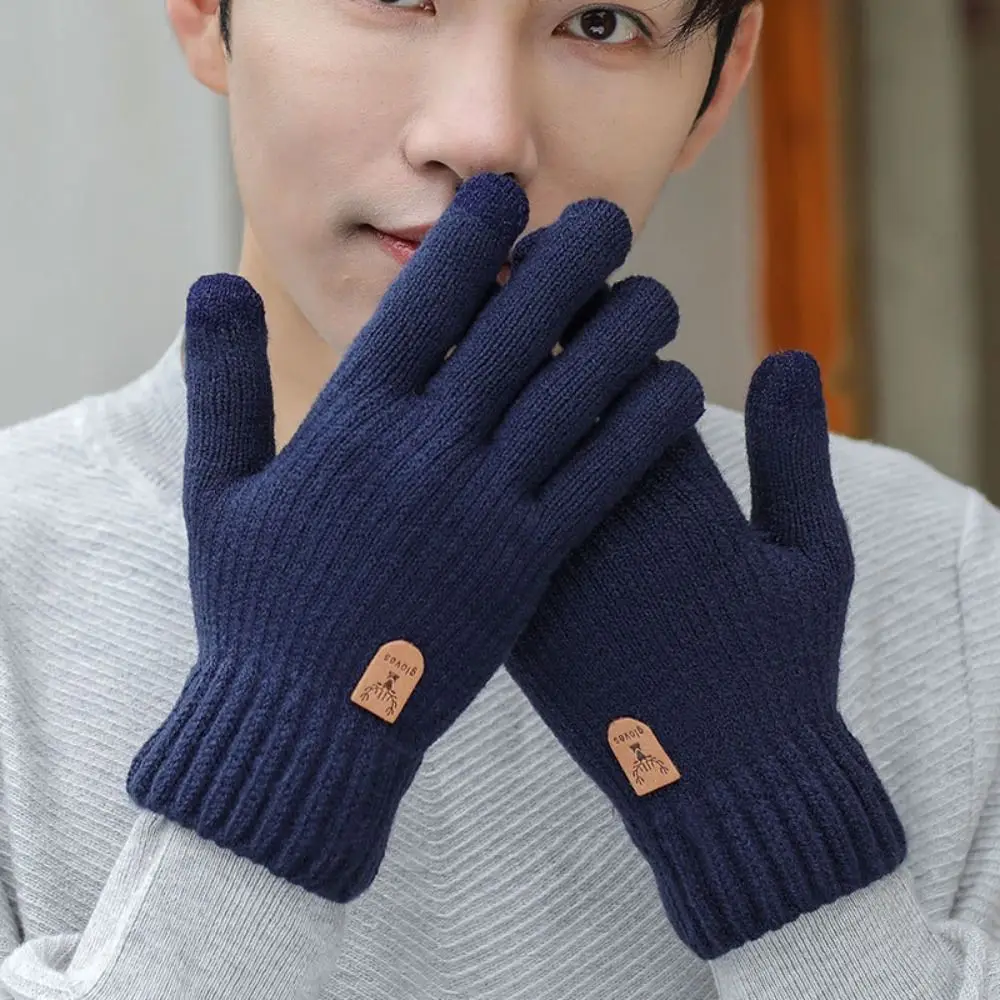 

Лыжные мягкие вязаные перчатки, ветрозащитные зимние перчатки с сенсорным экраном, однотонные мужские варежки в корейском стиле, зимние
