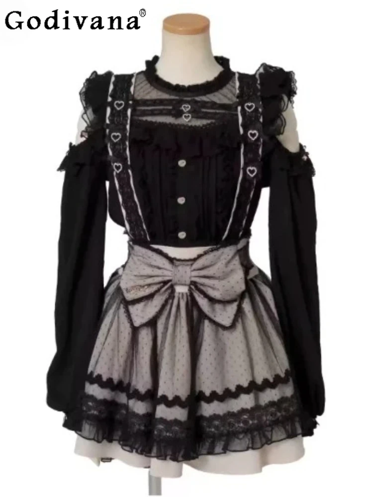 

Spring Summer Sweet Japanese New Big Bow Maid Strap Skirts Fashion High Waist A-line Versatile Age Reduction College Gauze Skirt