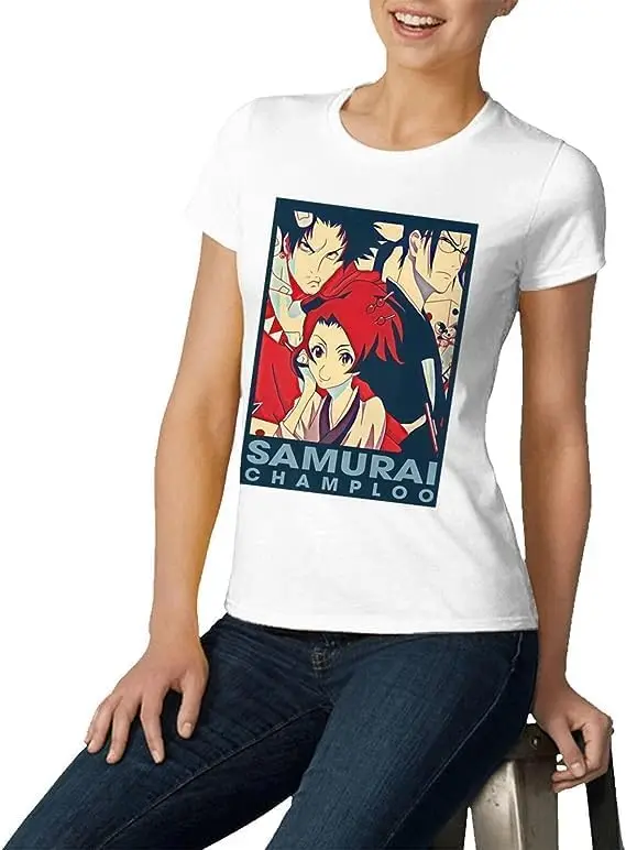 Samurai Anime Champloo Shirt Women's Fashion Short Sleeve Cotton T Shirts Quick Dry Pattern Custom Tee Tops Black