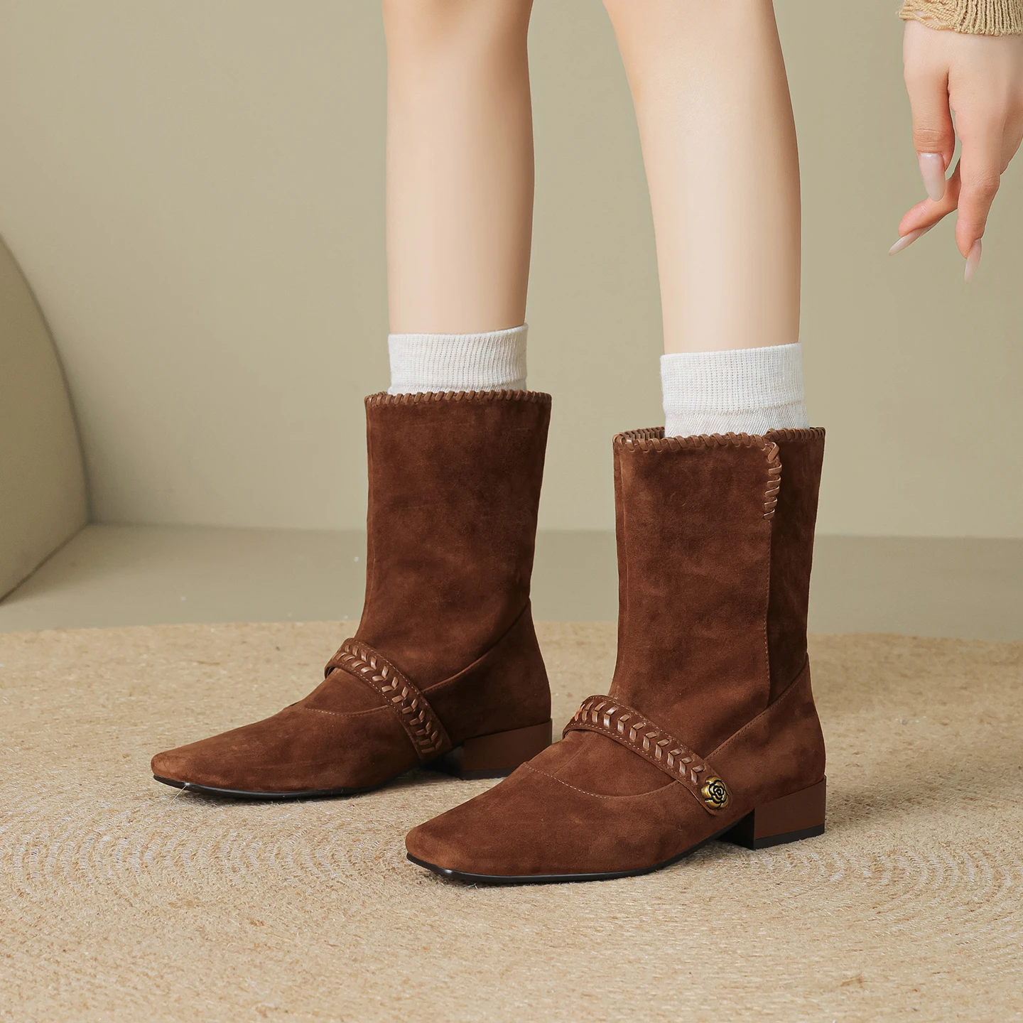 

Elegant Retro Genuine Leather Ankle Boots for Women Thick High Heels Square Toe Suede Fashion Boots